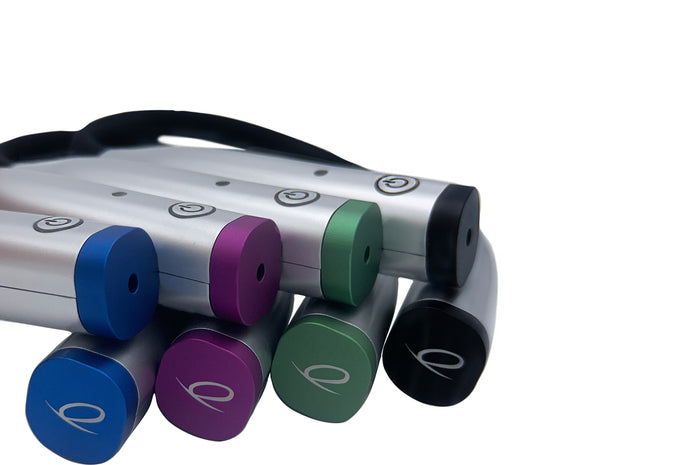  Photo of loupe ncekc batteries.  Four different color variations (blue, purple, green, black)